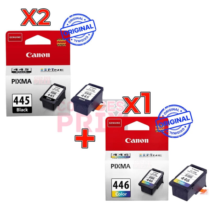 Pack 3 Cartouches Canon – 2 Cartouches PG-445 Noire + 1 Cartouche CL-446 Couleur