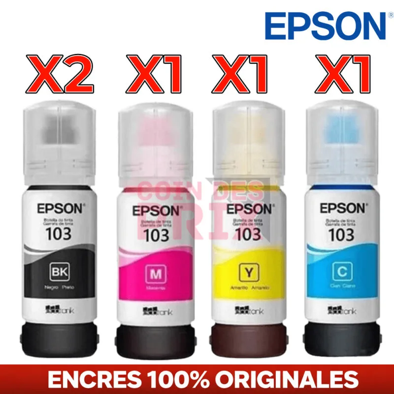 Pack Encre Epson 103 Original 5 Bouteilles – 2 Noires + 3 Couleurs (Cyan, Magenta, Jaune)