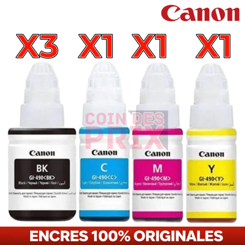 Pack Encre Canon GI-490 Original 6 Bouteilles – 3 Noires + 3 Couleurs (Cyan, Magenta, Jaune) – Haute Capacité Canon