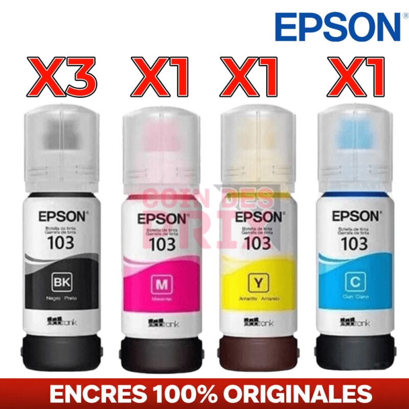 Pack Encre Epson 103 Original 6 Bouteilles – 3 Noires + 3 Couleurs (Cyan, Magenta, Jaune)